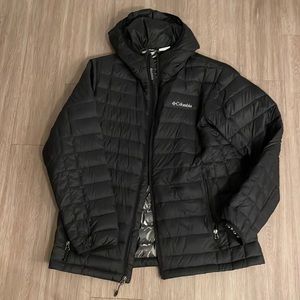 Men’s Columbia black hooded turbo-down jacket, size L